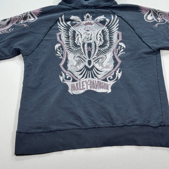 Y2K Harley Davidson Hoodie Womens 2XL Black H-D Ink Eagle Crest Skulls Sleeve - Picture 3 of 9